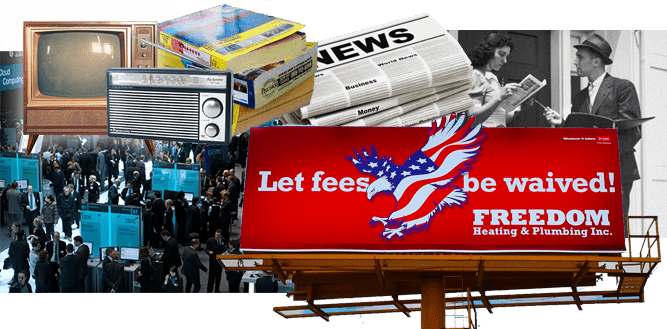 Montage of a trade show, billboard, radio, tv, door-to-door salesman, and newspaper